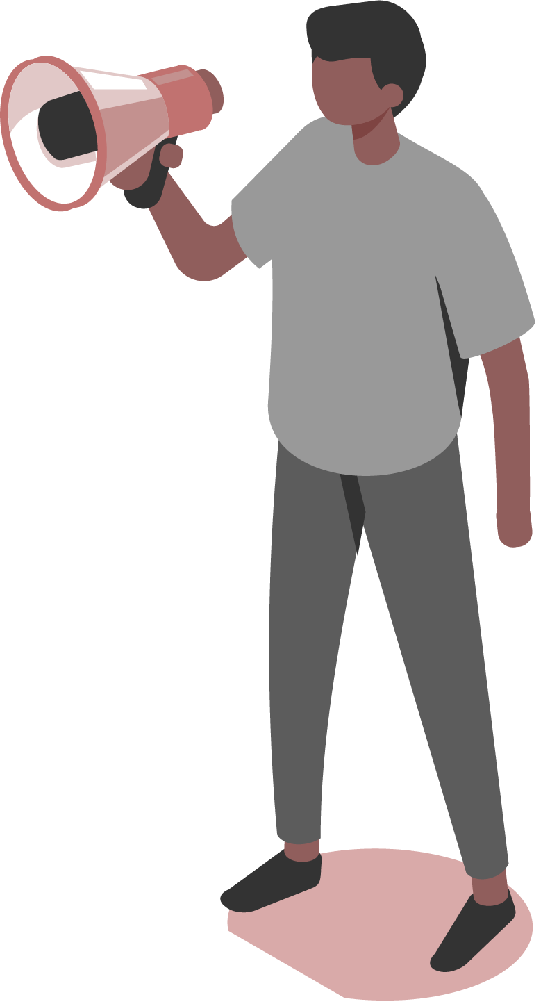 Vector illustration of a character wearing grey, holding a pink megaphone in their right hand.