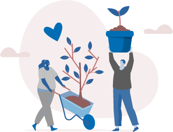 Vector illustration of a woman character on the left hand holding a blue wheelbarrow with a large plant growing inside it. There is a male character on the right hand side holding up a plant pot.