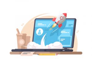 Laptop with rocket and coffee cup