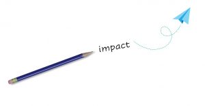 Pencil and paper airplane with the word impact