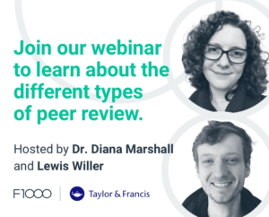 Webinar advert promoting F1000's webinar on peer review. Hosted by Dr Diana Marshall and Lewis Willer.