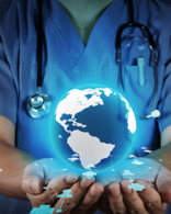 Medical professional holding virtual planet earth