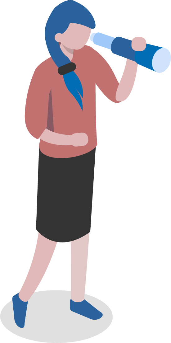 Vector illustration of a character in pink, looking to the right through a telescope.