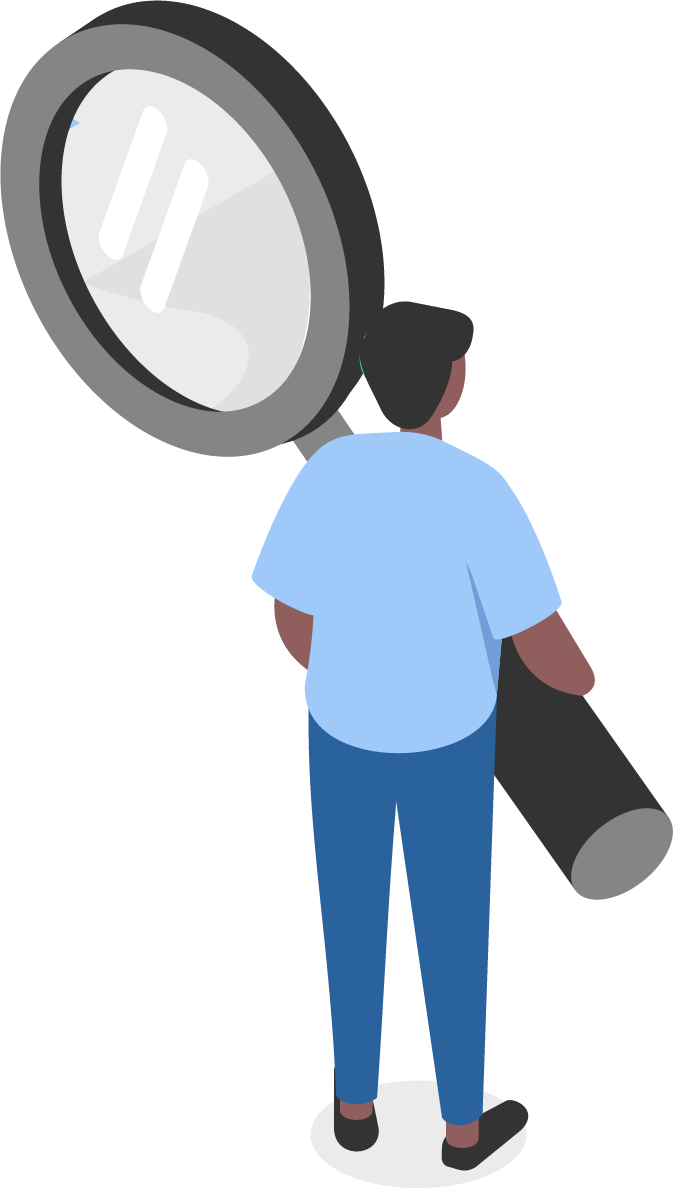 Vector illustration of a character wearing blue, facing away, holding a giant magnifying glass.
