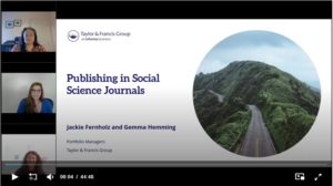 Screenshot of Publishing in Social Sciences webinar recording, includes speakers' video and a PowerPoint slide.