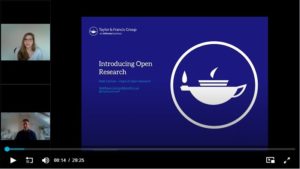 Screenshot of Understanding open research webinar recording, includes speakers and PowerPoint slide.