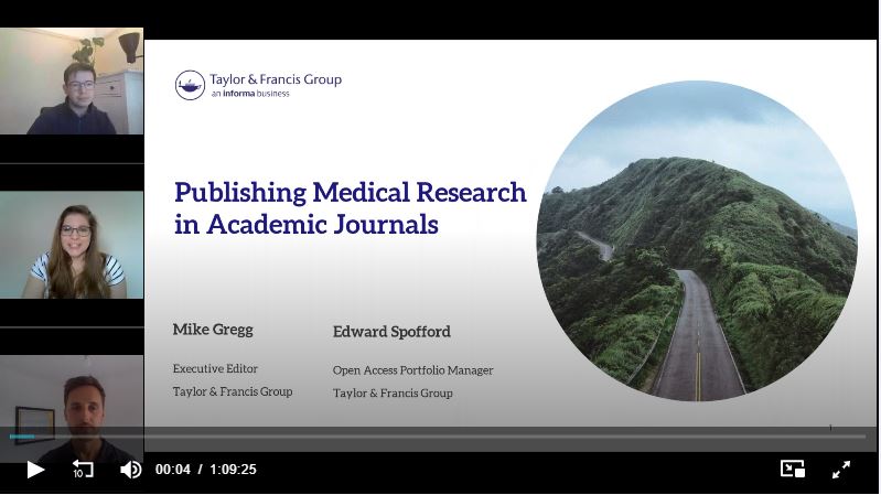 Screenshot of a video recording: 'Publishing Medical Research in Academic Journals'