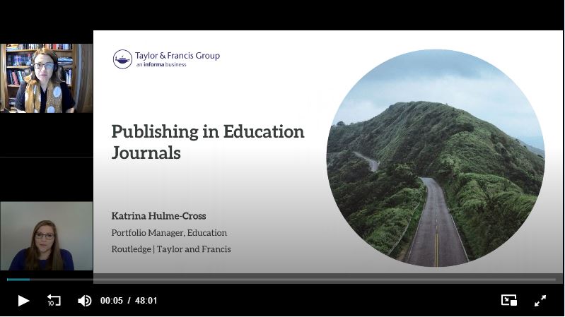 Screenshot of a video recording: 'Publishing in Education Journals'.