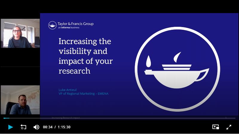 Screenshot of the 'Increasing the visibility and impact of your research' webinar recording, introductory slide.