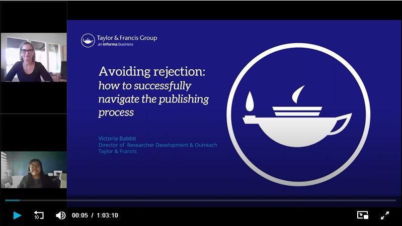 Screenshot of avoiding rejection webinar, including introduction slide and video of the speaker.