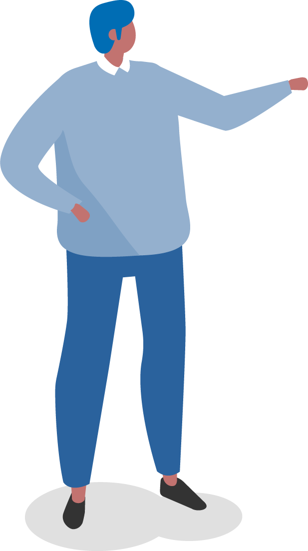 Vector illustration of a character standing, wearing blue and pointing to the right.