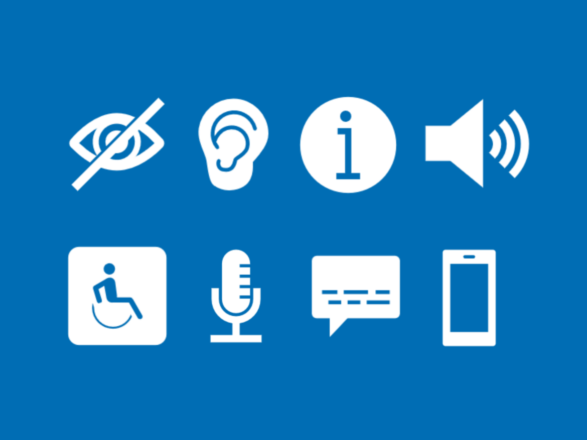 Various accessibility icons in white, on a black background, with the T&F logo in the corner. Icons include: visual, hearing, information, audio, physical disability, speech, text and mobile.