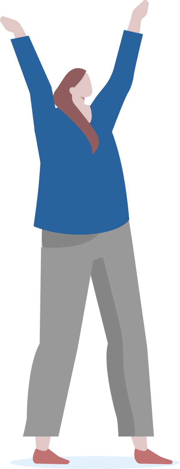 Vector illustration of a character wearing a blue top, grey bottoms, standing with both arms stretched up in the air.