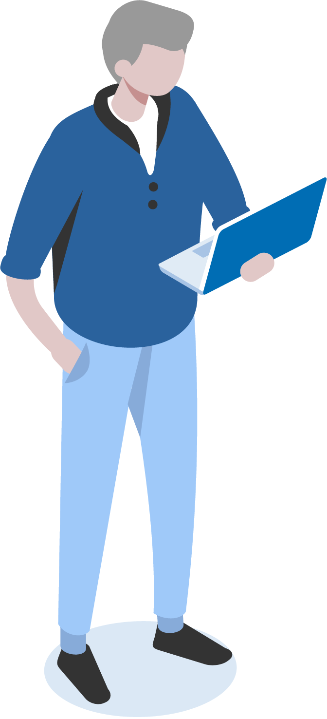 Vector illustration of a character wearing blue, holding a laptop in one hand, and other hand in their pocket.