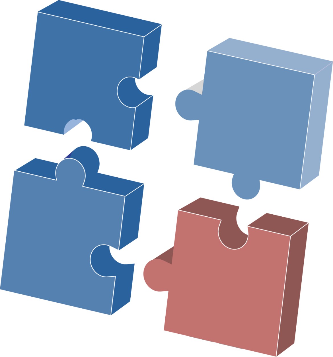 Vector illustration of 4 puzzle pieces, three are shades of blue, one is pink.