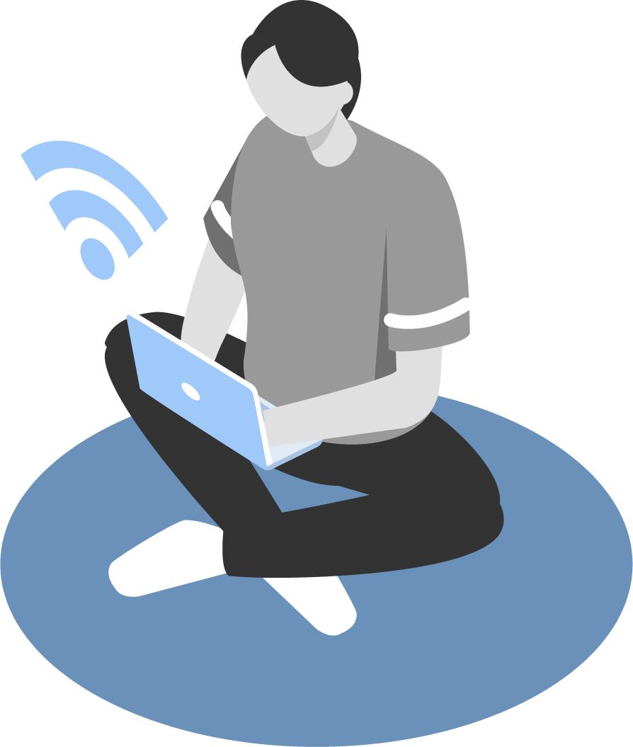 Vector illustration of a character in grey, sat crossed legged, on an open laptop with a WiFi symbol above it.
