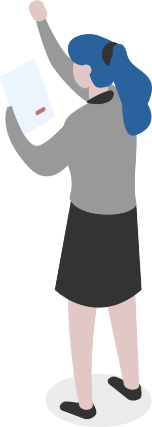 Vector illustration of a character wearing grey top and grey skirt, holding a piece of paper in their left hand and writing with their right hand.