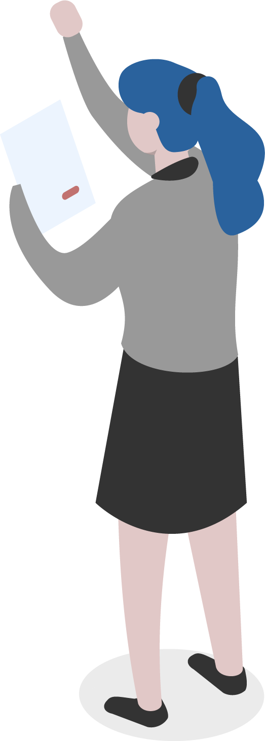 Vector illustration of a character wearing grey top and grey skirt, holding a piece of paper in their left hand and writing with their right hand.