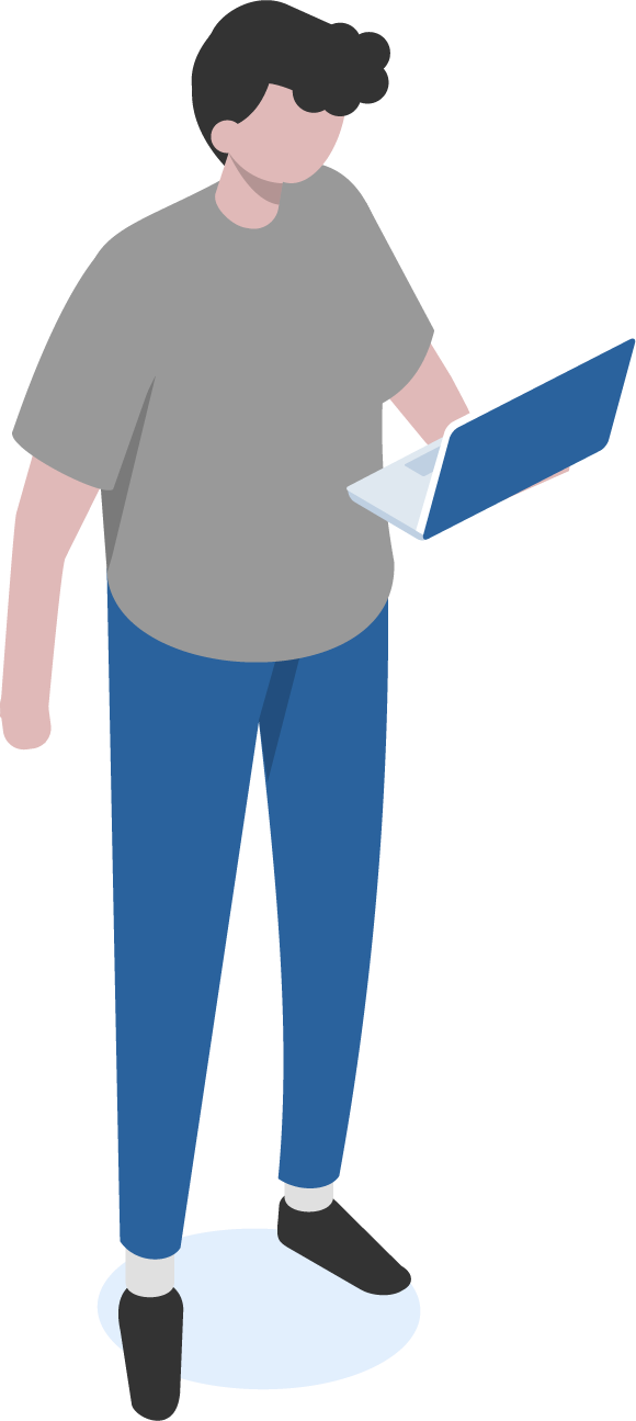 Vector illustration of a character wearing a grey top, blue trousers, standing up and holding an open laptop in their left hand.