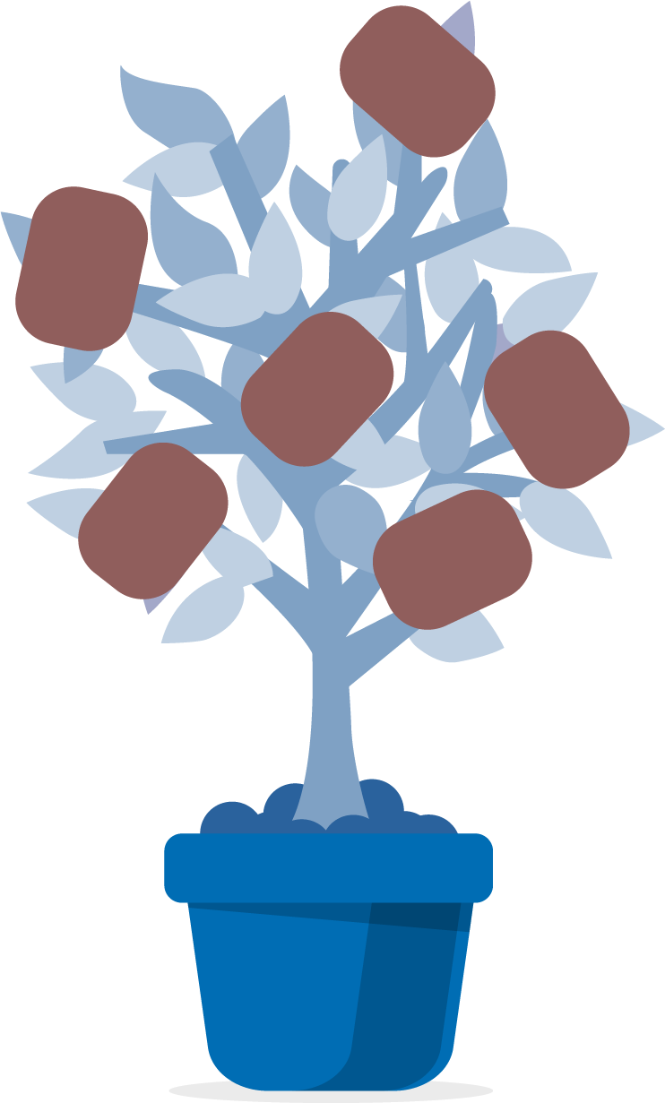 Vector illustration of a tree in a blue plant pot, with a blue trunk and branches, with dark coral discs on it, representing journals.