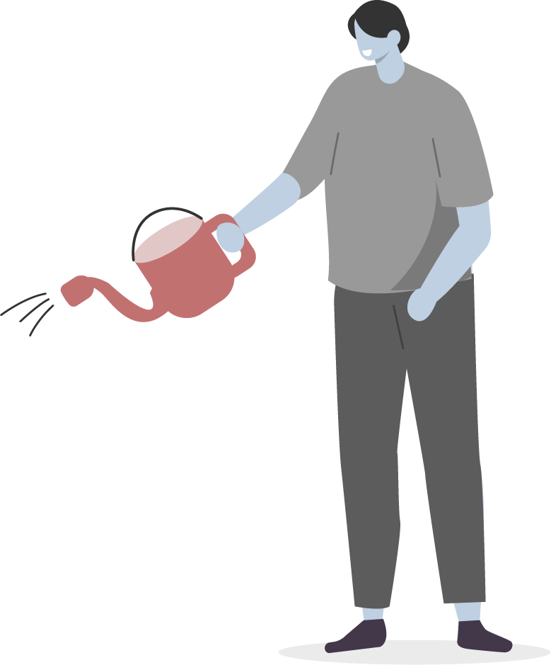 Vector illustration of a character wearing all grey, standing and holding a pink watering can, with water pouring out, in their right arm.
