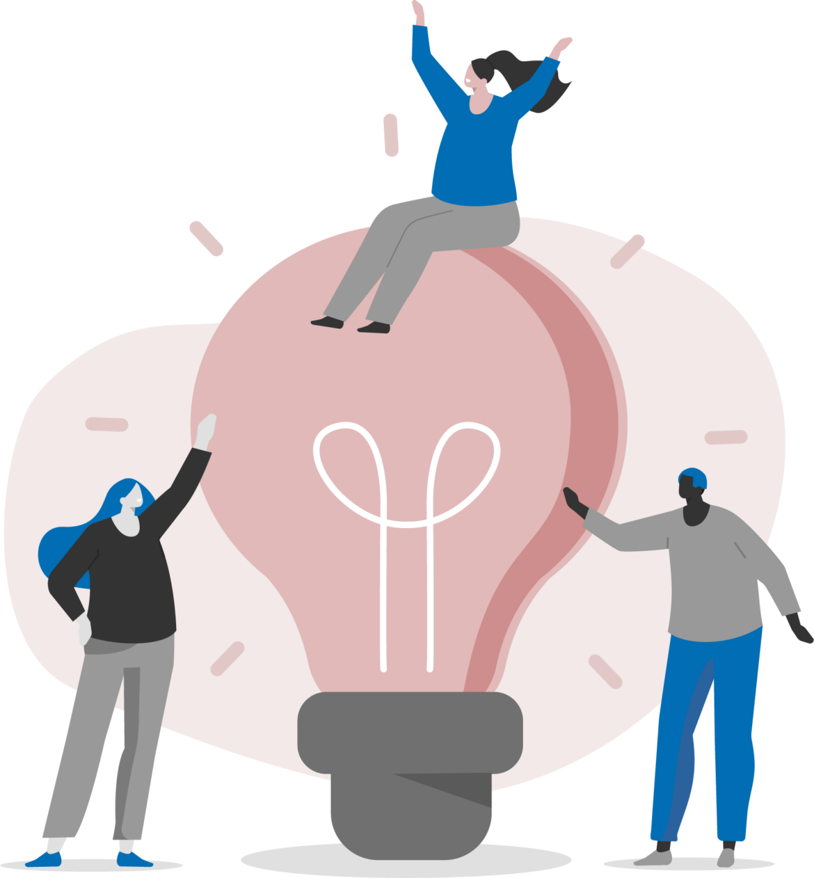 Vector illustration of a pink light bulb, one character sat on top with their arms in the air, and two characters either side pointing at the light bulb with their arm stretched out.