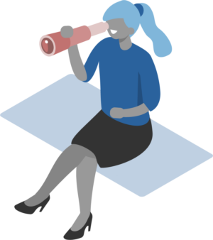 Vector illustration of a character sat down, wearing blue top and black skirt, smiling and looking through a pink telescope.
