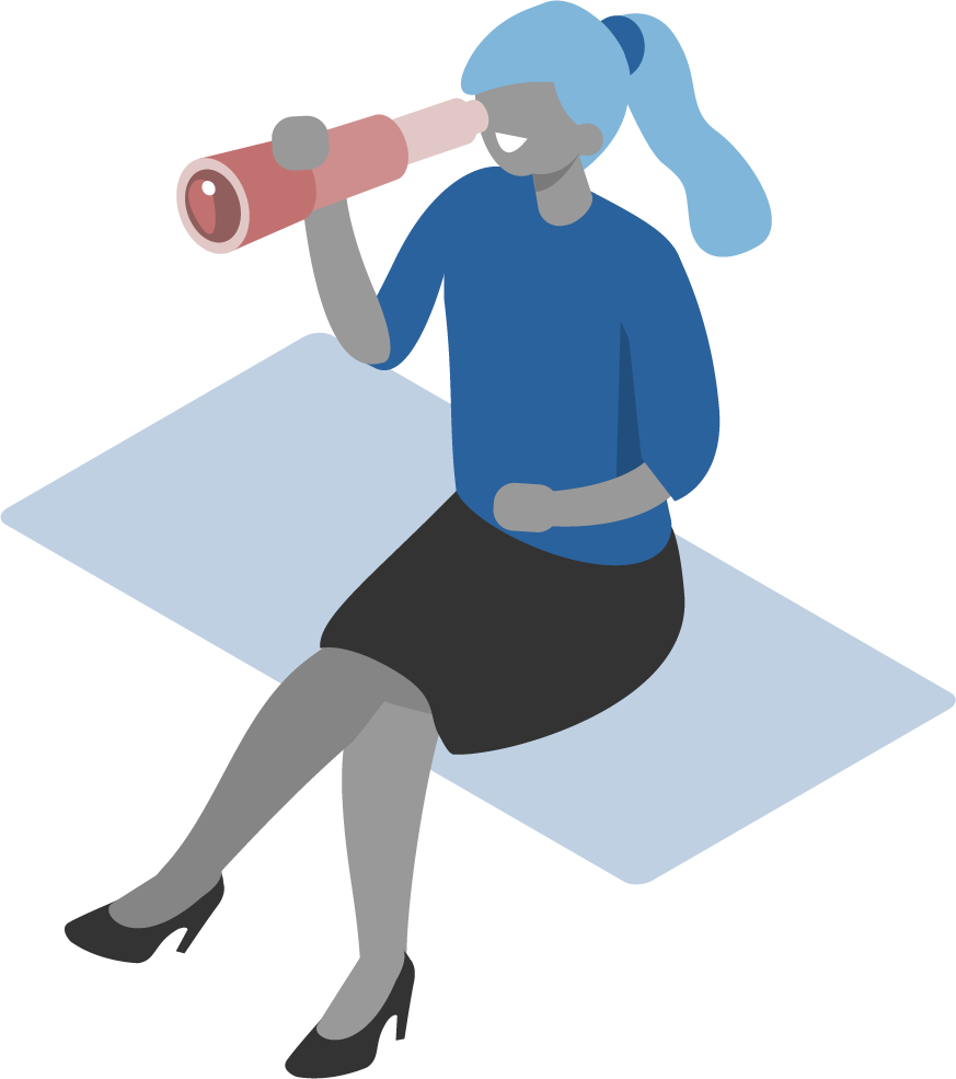 Vector illustration of a character sat down, wearing blue top and black skirt, smiling and looking through a pink telescope.