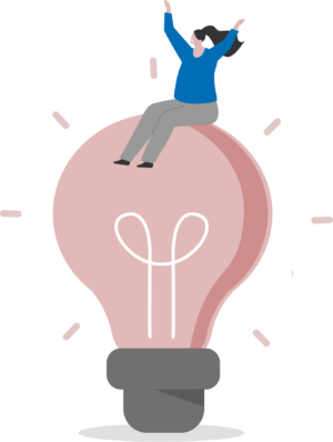 Vector illustration of a pink light bulb and a small character in blue sat on top, with their arms in the air.