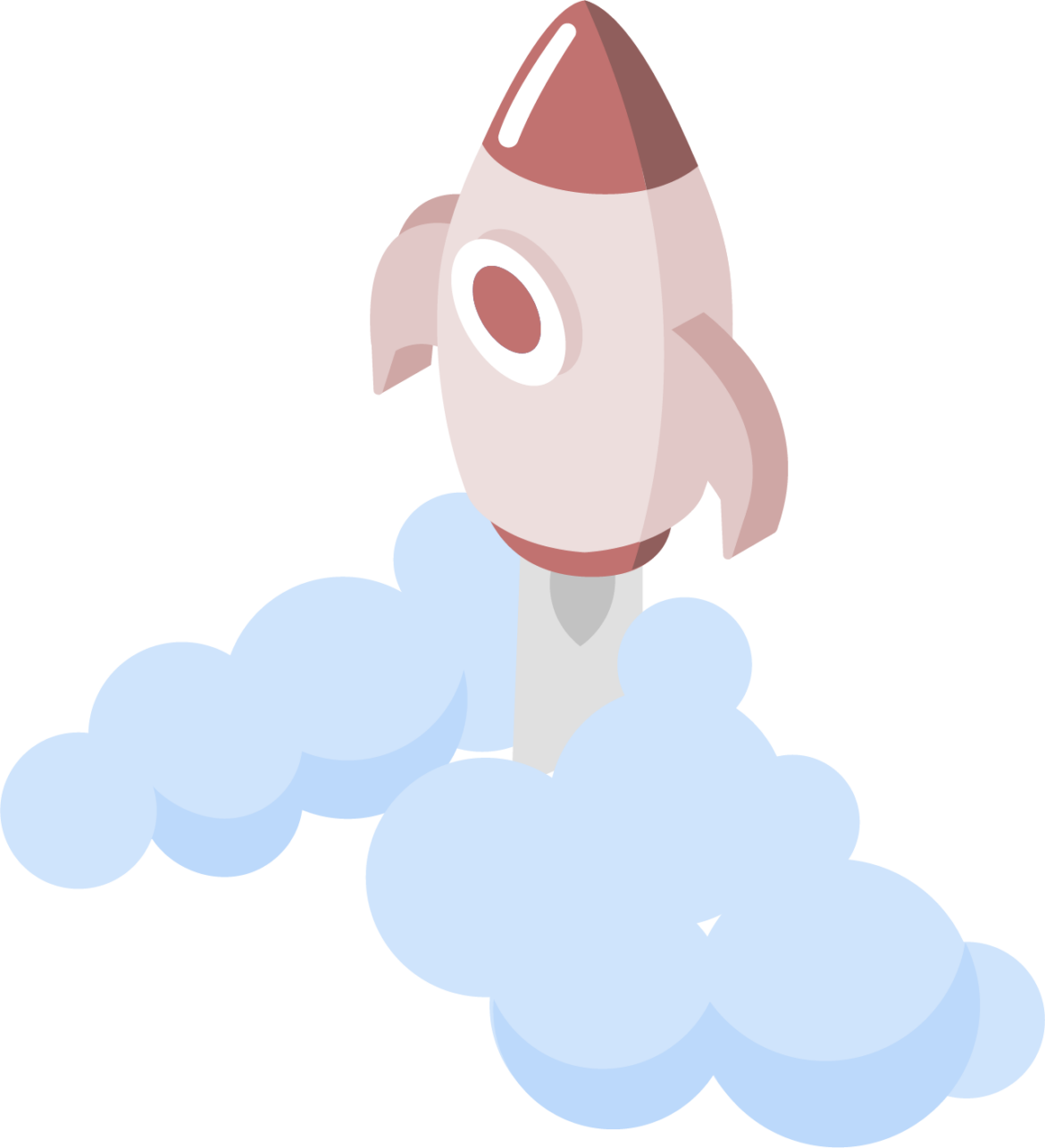 Vector illustration of a pale pink rocket, setting off with a pale blue cloud below it.