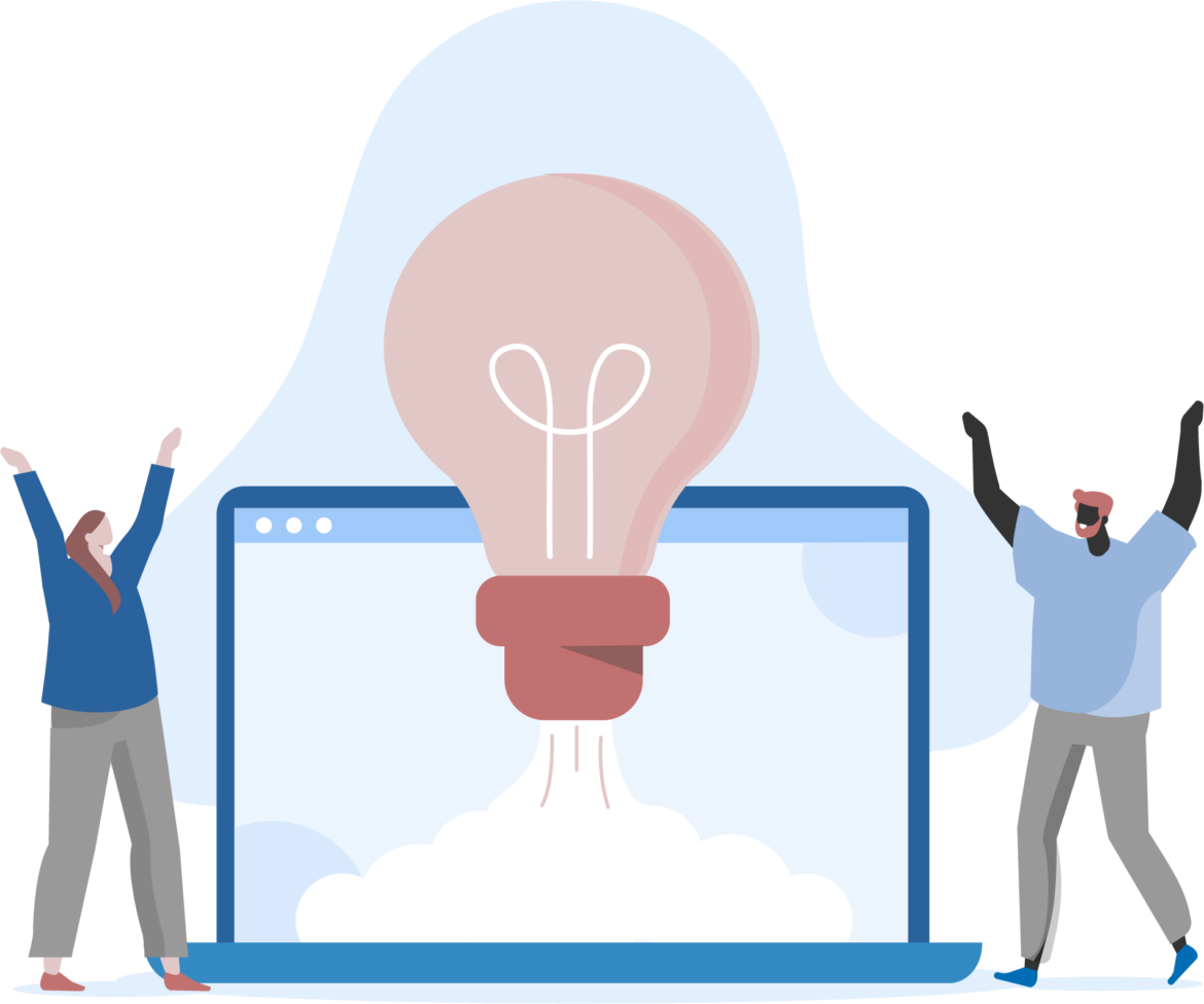 Vector illustration of two characters either side of a laptop with their arms in the air. A lightbulb is rising from the laptop.