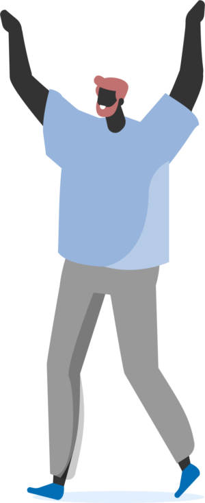 Vector illustration of a character with short pink hair, wearing a blue top, grey bottoms, standing with both arms stretched up in the air.