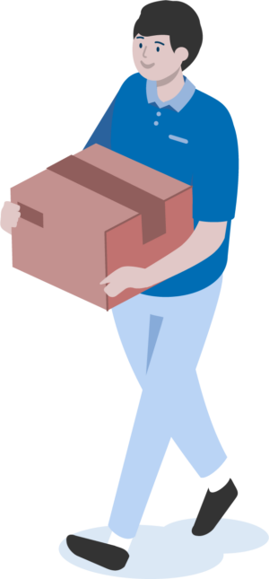 Vector illustration of a character wearing a blue top, pale blue trousers, in a waking stance, carrying a pink parcel box with both arms.