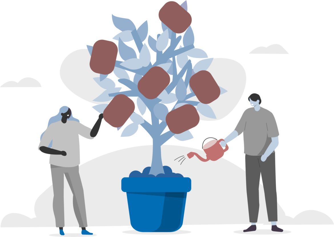 Vector illustration of a tree with a character on the left and another character on the right, watering the tree.