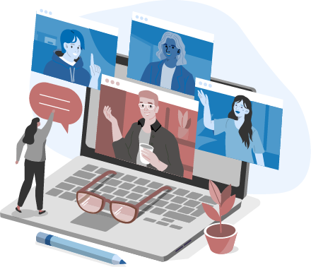 Vector illustration of an open laptop with pop out pictures of characters in a meeting.