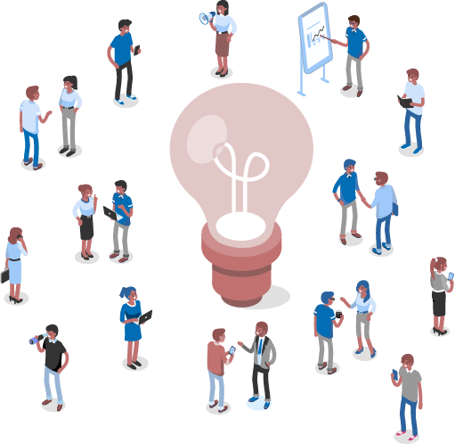 Vector illustration of a giant pink lighbulb in the centre. There are characters all around in conversation. On the top right is a character pointing to a white board.