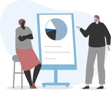 Vector illustration of a woman character on the left hand side leaning on a stool and on the right hand side is a male character pointing to whiteboard with a pie chart inside of it.