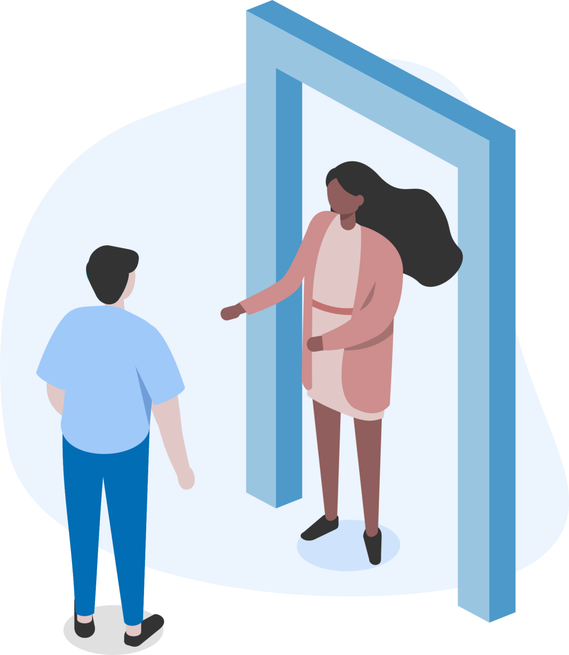 Vector illustration of a woman wearing a coral pink dress, standing in a doorway, facing a man wearing blue.