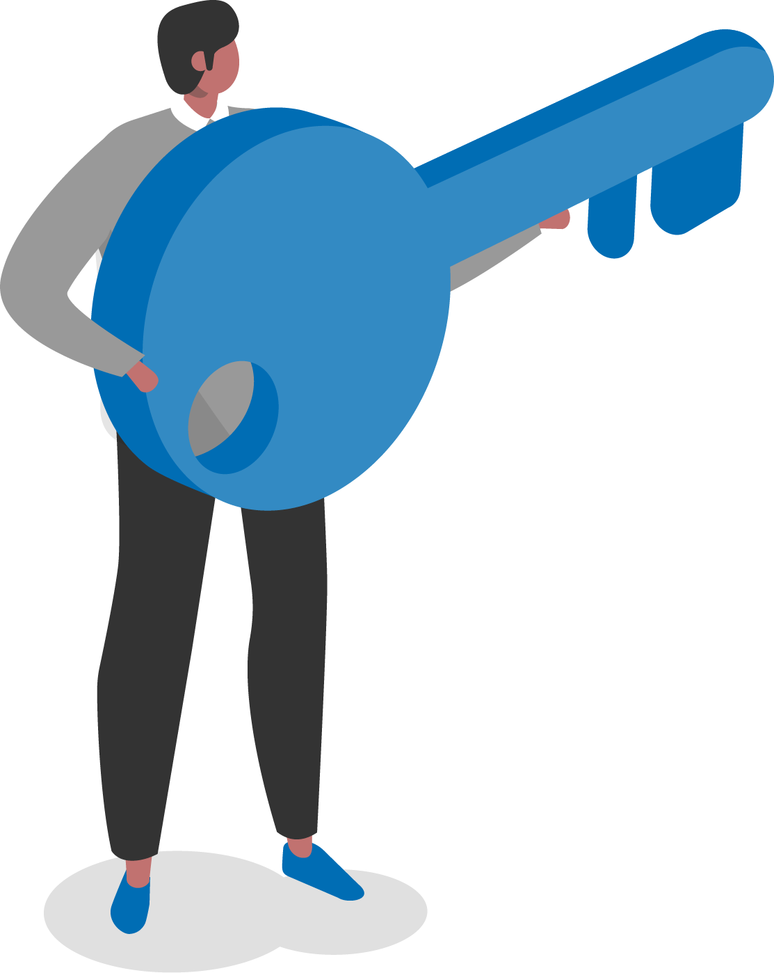 Vector illustration of a man holding a giant blue key.