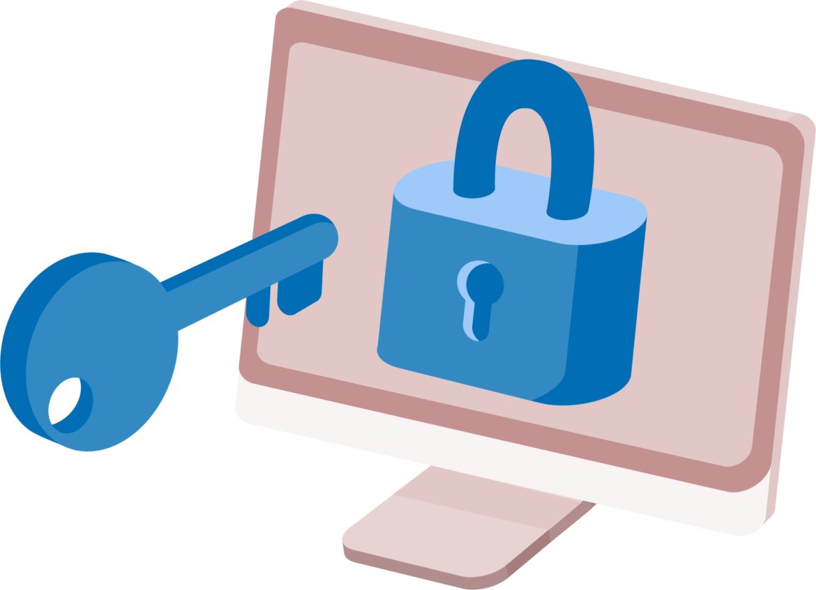 Vector illustration of a pink monitor with a blue locked padlock on it, with a giant blue key facing it.