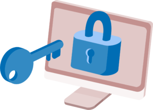 Vector illustration of a pink monitor with a blue locked padlock on it, with a giant blue key facing it.
