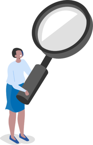 Vector illustration of a female character holding a large magnifying glass and smiling.