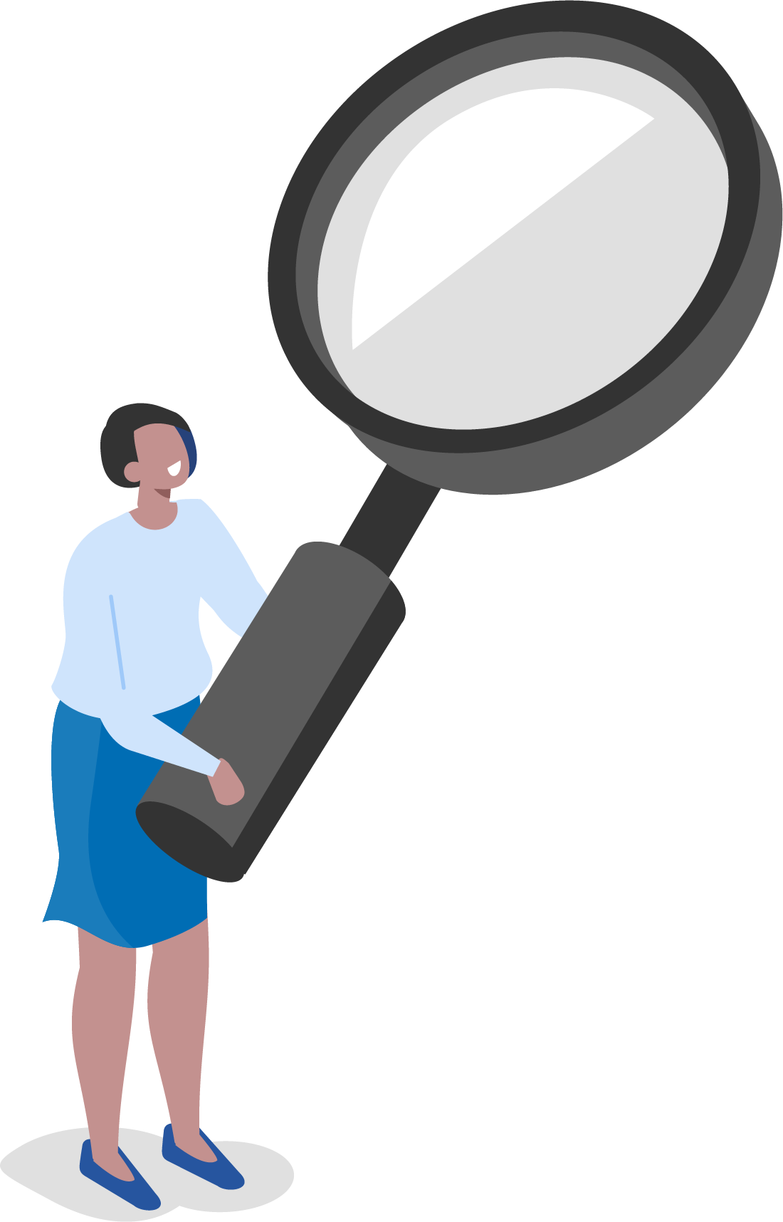 Vector illustration of a female character holding a large magnifying glass and smiling. 