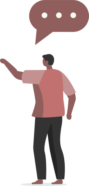 Vector illustration of a character with an arm extended and a speech bubble.