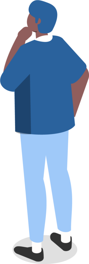 Vector illustration showing a person in a blue jumper with hand on chin thinking.