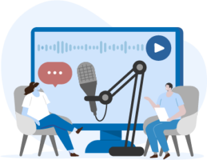 Vector illustration of a giant computer screen showing frequency lines across the screen and on the right hand side is a small play button. On the bottom left is a female character sitting on a chair with legs crossed and a microphone facing her on top of that is a small speech bubble with 3 dots. On the right hand side is a male character sitting down on a chair with a peice of paper.