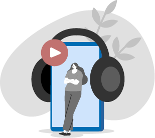 Vector illustration of a giant digital tablet, around it is a giant pair of black headphones and on the top left side of the tablet is a play button. There is a female character leaning against the digital tablet with arms crossed.