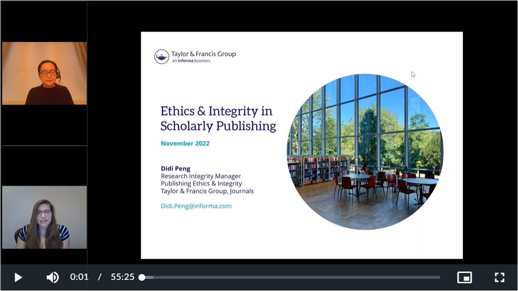 Screenshot of the publishing ethics introduction slide from the webinar recording, with both speakers Didi and Vicky on video cameras.