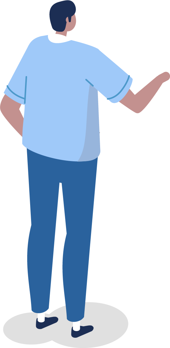 Vector illustration showing a character in a light blue top and darker blue trousers pointing to the right.