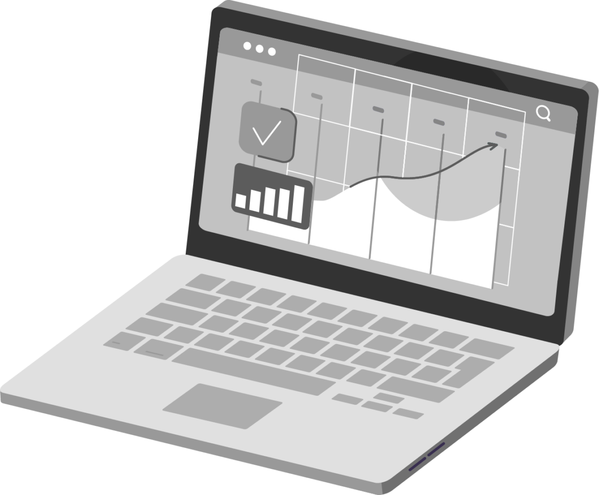 Vector illustration of a laptop showing graphs on the screen.